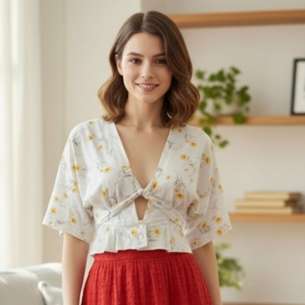 A linen tie top with a "Happy Nature" floral pattern
